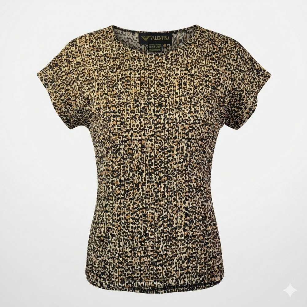 Valentina Leopard Print‎ Textured Pleated Top One Size Tan Black Short Sleeve